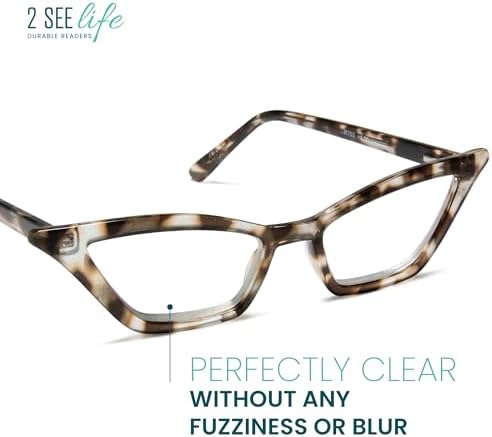 2SeeLife Premium Cat Eye Reading Glasses for Women – Narrow-Medium Fit, Sturdy Frame, Spring Hinges, Stylish Funky Readers, Clear Tortoise, +1.50
