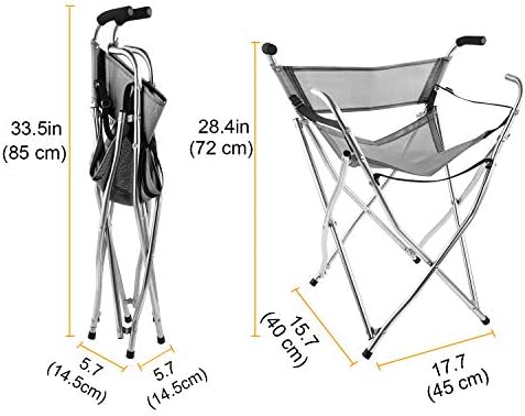 Walking Stick Chair Seat - Folding Camping Cane Portable Stool Heavy Duty Aids for Seniors (L Size Grey)