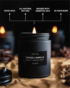 Craft & Kin Premium Smoke & Vanilla Candle | Black Scented Candles for Men | Long Lasting with 45 Hour Burn Time, 7.6oz | Soy Candle | Aromatherapy at Home | Gifts for Men