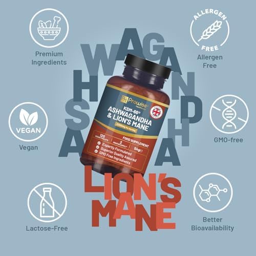 KSM-66 Ashwagandha and Lions Mane Tablets - High Strength 2200mg | KSM-66 Ashwagandha Root Extract and Lions Mane Mushroom Extract - 120 Vegan Tablets with Black Pepper - UK Made by Prowise