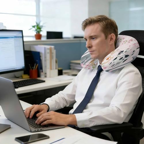 Cherry Blossom Cats Neck Pillow Memory Foam U Shaped Travel Pillow, Pink Spring Modern Farmhouse Floral Neck Support Pillows Decorative Headrest Cushion for Airplane Sleeping Car Office