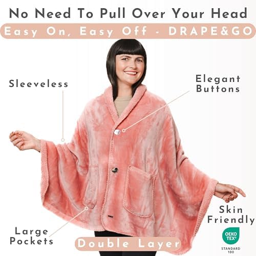 EzrAllora Premium Double Layer Wearable Blanket for Women -No Sleeves- Shawl with Pockets- Wrap Blanket- Gifts for Grandma (Powder Pink)