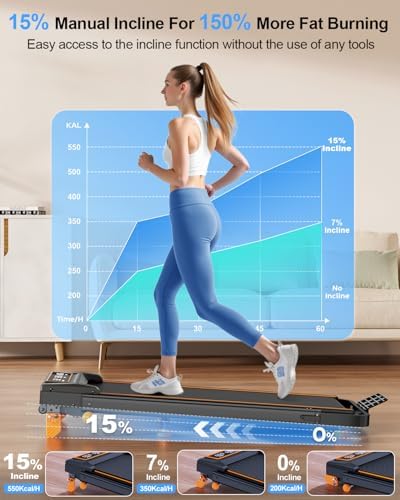Walking Pad Treadmill with 15% Incline/Adjustable Height, Upgraded 3.5HP Walking Pad with Handle Bar, 4 in 1 Foldable Under Desk Treadmill, Electric Portable Treadmills for Home 350LBS, LED Display