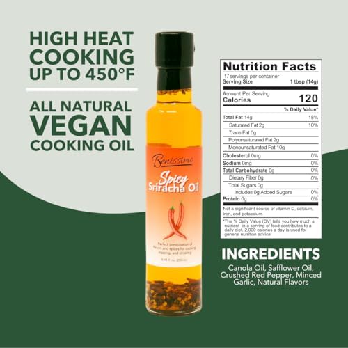 Benissimo Spicy Sriracha Infused Oil – Chili & Garlic Herb Oil, Vegan All Natural Cooking Oil for Stir Fry, Sautéing & Drizzling, Medium Heat, 8.45 fl oz