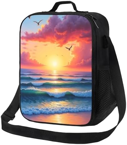 Insulated Lunch Bag For Adults A Painting Of A Sunset Over The Ocean With Birds Flying In The Sky. Lunch Box Reusable Tote Bag Unisex For Work, Travel, Picnic, Office, Camping, Hiking, Picnic, Beach