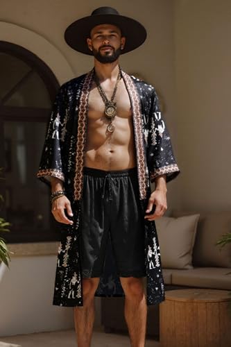 PRODESIGN Mens Satin Kimono Robe - Long Silky Sleepwear Nightgown Egyptian Bathrobe Dressing Gown Cardigan Beach Cover Up