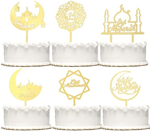 6 PCS Gold Eid Mubarak Cake Topper Ramadan Mubarak Cake Decoration Cake Toppers Ramadan EID Mubarak Cake Toppers for Birthday Party,Muslim Islam Eid Festival Decorations