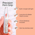 Sensica Eyebrow Tweezers with Light – LED Lighted Tweezers for Women Facial Hair – Precision Eyebrow Plucking Slant Tip Stainless Steel Tweezer with Long Arms & 3 Extra Batteries