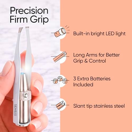 Sensica Eyebrow Tweezers with Light – LED Lighted Tweezers for Women Facial Hair – Precision Eyebrow Plucking Slant Tip Stainless Steel Tweezer with Long Arms & 3 Extra Batteries