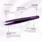 Premium Slant Tip Eyebrow Tweezer (Purple), Stainless Steel Precision Tweezers for Men & Women, for Facial Hair Removal, with Leather Case