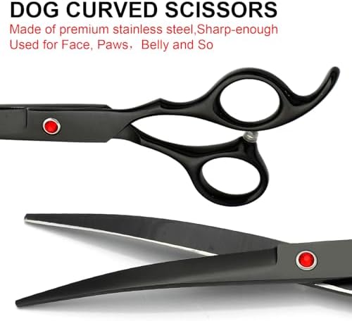 FAIGEO Professional Dog Grooming Scissors Set Stainless Steel Dog Grooming Kit - Thinning, Curved Scissors and Comb for Cat Pet (Black 5 in1)