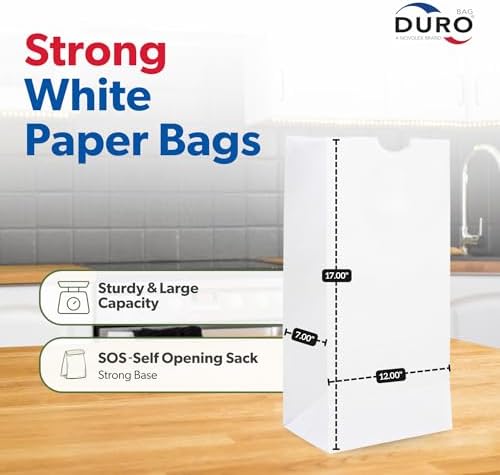 Duro 8# White Paper Lunch Bags 500 Count - Bulk White Paper Bags for Bread, Bagel, Deli & Restaurant Takeout or Delivery, Disposable Lunch Sacks - 6.12 x 4.12 x 12.43 Inches
