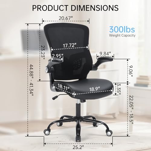 Office Chair, Ergonomic Desk Chair with Adjustable Lumbar Support Breathable Mesh Computer Swivel Chair with Flip up Armrests & PU Leather Cushion, Comfy Task Chair for Home Office, Black