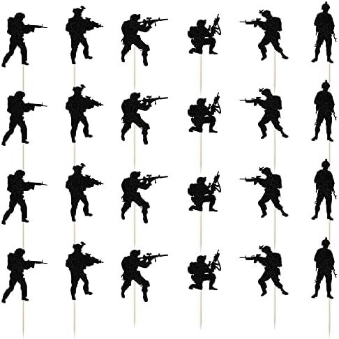 Kaoenla Military Themed Soldier Cake Toppers - 24 Pieces Paper Cups Black Glitter Soldier's Day, Veterans, Men's Birthday, Navy Army Special Forces Decorations