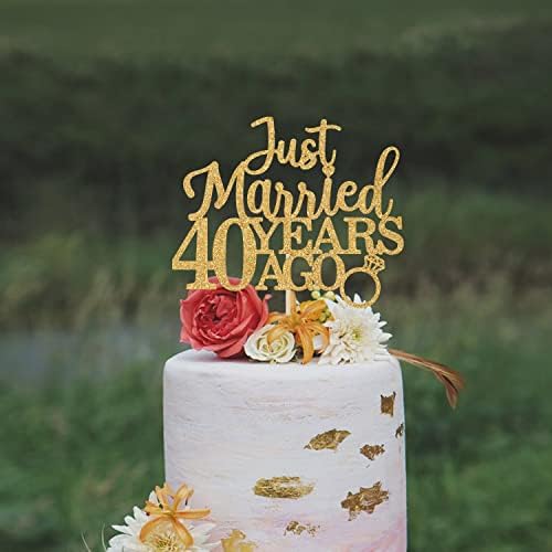 Just Married 40 Years Ago Cake Topper, Happy 40th Anniversary Cake Decorations, Cheers to 40 Years, 40th Wedding Anniversary Party Decorations Gold Glitter