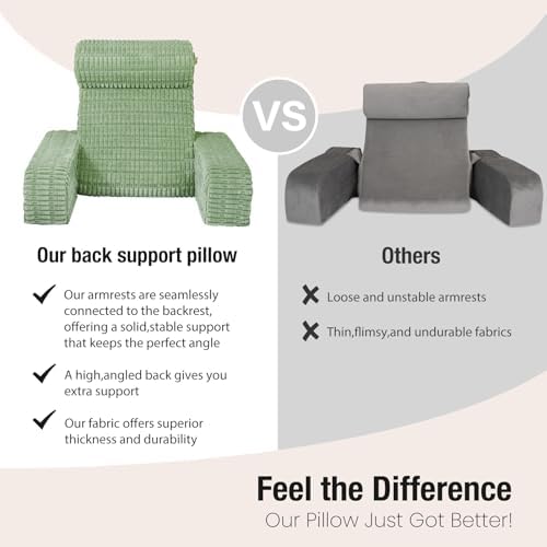 19" Reading Pillow for Bed with Built-in Arms & Large Pockets, Supportive Backrest Cushion for Reading, Resting, or Reclining, Washable Cover – Sage Green