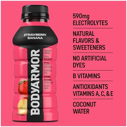 BODYARMOR Sports Drink, Strawberry Banana, Electrolyte Drink Hydration, 12 Fl Oz Bottles (8 Pack), Flavored Coconut Water with B Vitamins & Antioxidants