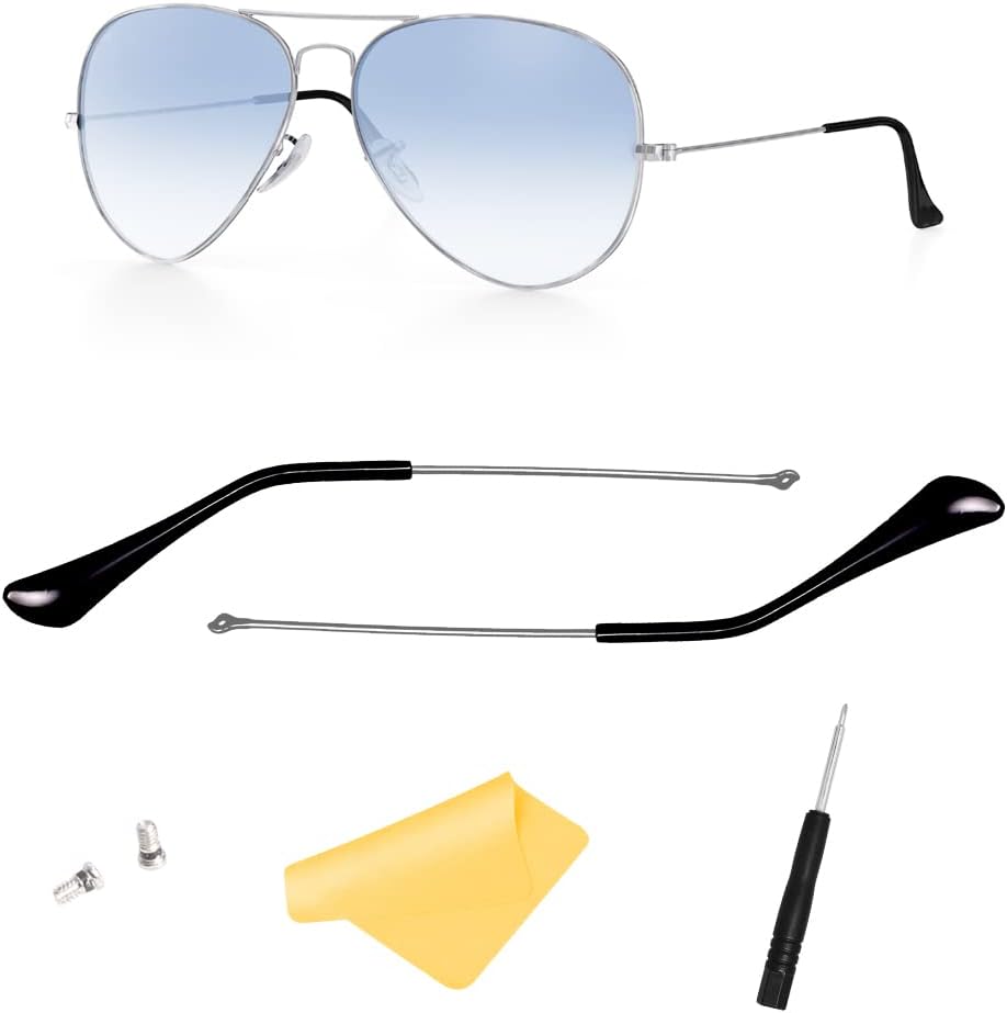 Replacement Temple Tips Temple Arms for Ray-Ban Aviator Series RB3025 3025 Sunglass Frames for Spectacles and Sunglasses (Silver) Temple Arms+(Black) Temple Tips)