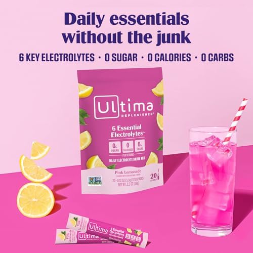Ultima Replenisher Daily Electrolyte Powder – Pink Lemonade, 20 Stickpacks – Zero Sugar Hydration Packets with 6 Electrolytes and Minerals – Sugar Free, Plant Based & Keto Friendly Drink Mix