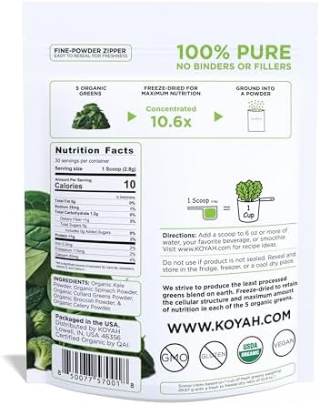 KOYAH - Organic Greens Blend Powder (Equivalent to 30 Cups Fresh Greens): Freeze-Dried, Whole-Vegetable