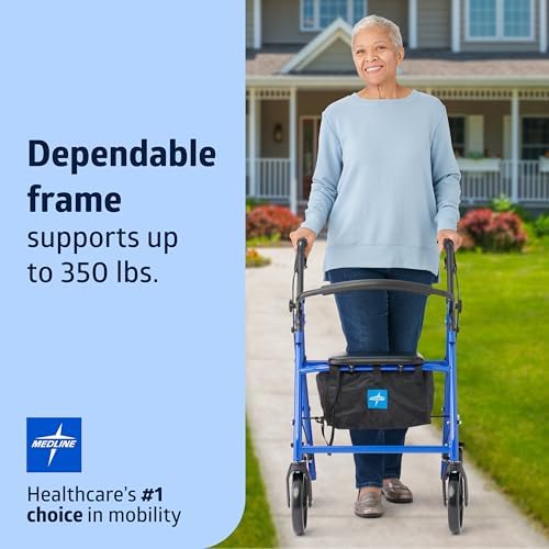 Medline Steel Rollator Walker for Adult Mobility Impairment, Blue, 350 lb. Weight Capacity, 8” Wheels, Foldable, Adjustable Handles, Rolling Walker for Seniors