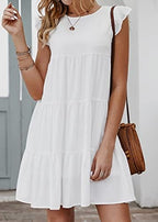 KIRUNDO Women's Summer Dresses Sleeveless Ruffle Sleeve Round Neck Solid Loose Short Flowy Pleated Mini Babydoll Dress