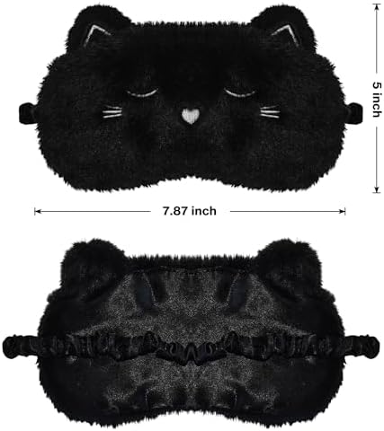 Cute Cat Sleeping Mask Eye Mask Funny Animal Kitten Sleep Mask Soft Plush Blindfold Travel Eye Cover Eyeshade for Kids Adults Girls Boys Women Men (Cat, Black)