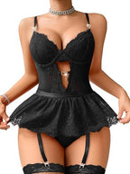 Lilosy Sexy Stocking Rhinestones Heart Garter Underwire Floral Mesh lace Sheer Babydoll Lingerie Teddy Bodysuit Skirt Set
