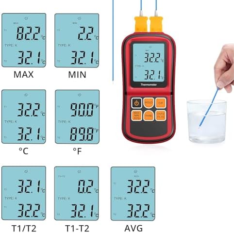 Kamtop Digital Thermometer, Dual Channel Thermometer with Two K Type Thermocouple Probes, High Temperature Meter Dual Measurement Meter Sensor Backlight LCD for K/J/T/E/R/S/N Type