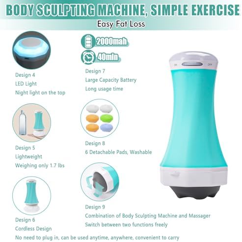 Cellulite Massager Body Sculpting Machine Electric Cordless, Rechargeable, Night Light for Belly Legs Butt Arms Back Shoulder, with Sculpting Head, 4Massage Heads, 6Washable Pads, Mesh Cover