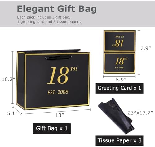 momoake 18th Birthday Gift Bag with Card and Tissue Paper for Boys Men Women Him, 2008 18 Year Old 13" Elegant Black Gold Anniversary Keepsake Party Present Shopping Paper Bags for Gifts Wrapping