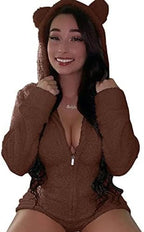 Women's Warm Fuzzy Hooded Romper Short Playsuit Jumpsuit