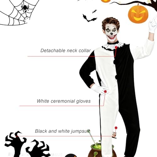 Men Horror Clown Costume Jumpsuit Black and White Bodysuit Set Movie Themed Outfit for Halloween Killer Clown Cosplay Outfit