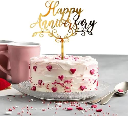 6pcs Happy Anniversary Cake Topper Gold Acrylic Cake Topper, Happy Anniversary Cake Sign, Wedding Cake Decorations Party Supplies