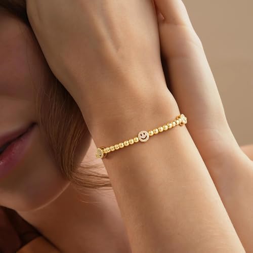 M MOOHAM Gold Beaded Bracelets for Women Girls, 14K Gold-Plated Dainty Cross Puffy Heart Round Cubic Zirconia Stretch Bead Ball Bracelet for Women Teen Girls Trendy Jewelry Gifts