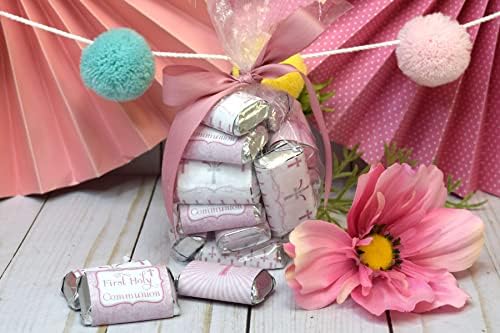 First Holy Communion Mini Chocolate Candy Bar Sticker Wrappers for Girls, 45 1.4" x 2.6" Wrap Around Labels by AmandaCreation, Great for Party Favors