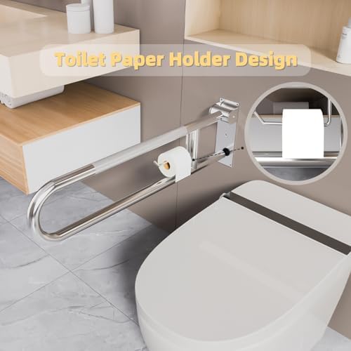 Toilet Grab Bar, Fold Down Grab Bar with Paper Holder, Knurled Anti-Slip Grab Bars for Toilet, Stainless Steel Handrails Toilet for Seniors Disabled Elderly Pregnant, Brushed Nickel, 30 Inch