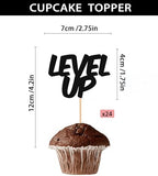 Level Up Cupcake Topper - 24 Pack Glitter Black Birthday Cake Decorations, Game Upgrade Cupcake Picks