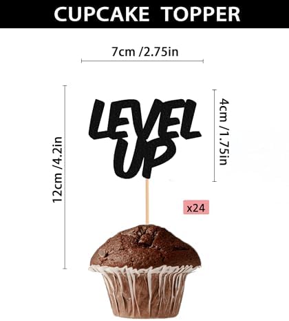 Level Up Cupcake Topper - 24 Pack Glitter Black Birthday Cake Decorations, Game Upgrade Cupcake Picks