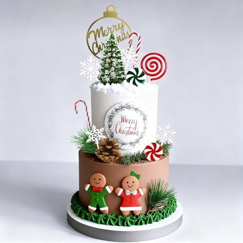 Merry Christmas Cake Topper Gingerbread Man Cake Decorations Candy Cane Pine Needle Snowflake for Christmas Theme New Year