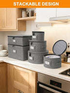 punemi 6-Piece Hard Shell China Storage Containers, Mug & Cup Organizer, Wine Glass Storage Boxes with Dividers & Carry Handles, Moving Boxes for Dinnerware, Glassware, and Stemware,Grey