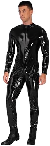 YiZYiF Men's Wet Look PVC Leather Long Sleeves Catsuit Bodysuits Zipper Full Body Leotard Jumpsuit