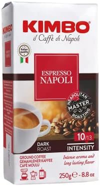 Kimbo Espresso Napoli Ground Coffee | Dark Roast | Intense Aroma & Long Lasting Flavor | 10/13 Intensity | 8.8 oz (250g) Brick