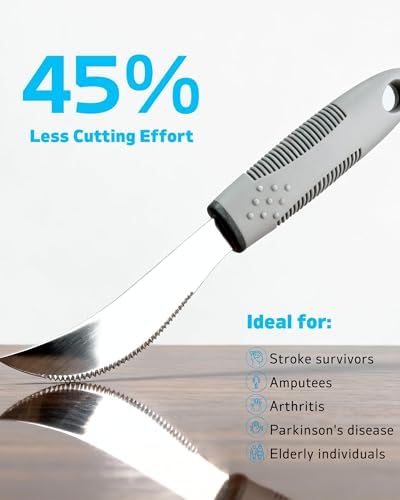 4-Piece Adaptive Utensils Set with Rocker Knife & Shovel Spoon - 42° Angled Parkinsons Utensils, 2.5 oz Weighted Silverware for Hand Tremors and Arthritis, Adaptive Eating Utensils (Grey Right-handed)