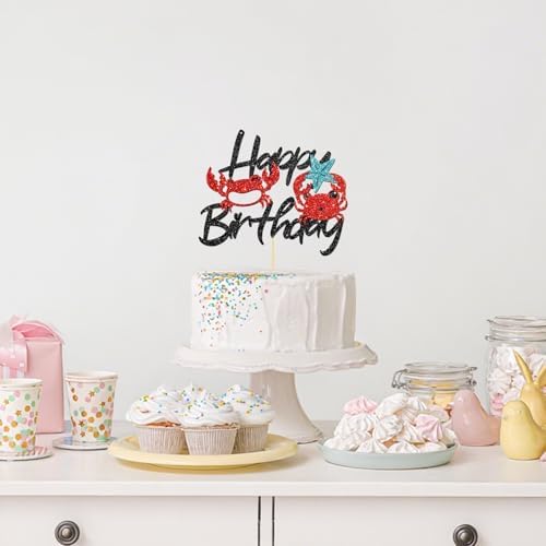 Crab Happy Birthday Cake Topper Crab Theme Birthday Decor Ocean Theme Decorations Supplies Glitter Black Red