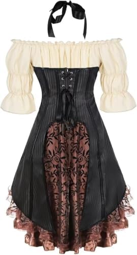 Jutrisujo Underbust Corset Long Top Khaki Blouse Dress 3 Set Outfits for Women Renaissance Pirate Gothic Halloween
