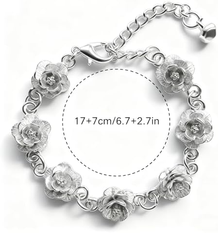 Charm Bracelet for Women Flower Bracelet Sterling Silver - Adjustable Dainty Plated Silver Jewelry Gift for Women
