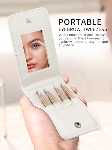 Tweezers Set for Women Facial Hair: Stocking Stuffers 4Pcs Stainless Steel Eyebrow Tweezer Set with Travel Mirror Case, Suitable for Everyday Use in Car, Purse