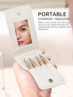 Tweezers Set for Women Facial Hair: Stocking Stuffers 4Pcs Stainless Steel Eyebrow Tweezer Set with Travel Mirror Case, Suitable for Everyday Use in Car, Purse