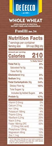 De Cecco Pasta Fusilli Whole Wheat Pasta, 13.25 oz (Pack of 5)